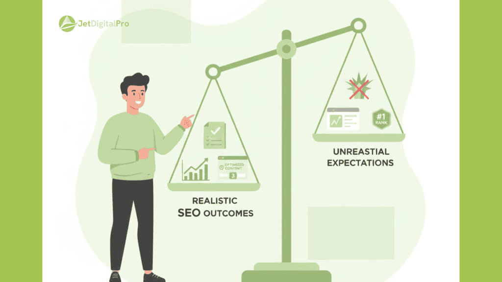 An illustration showing a person pointing at a scale, emphasizing the contrast between practical SEO results and overly ambitious expectations in content strategy.