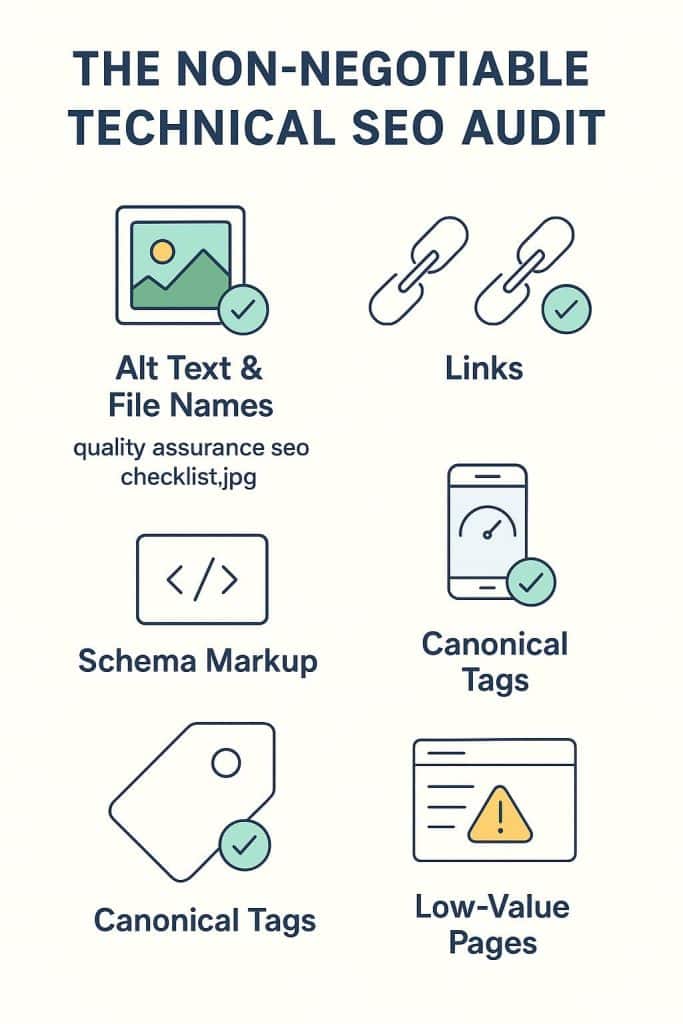 An infographic highlights key components of a non-negotiable SEO audit, featuring icons for canonical tags and low-value pages to ensure comprehensive quality assurance.