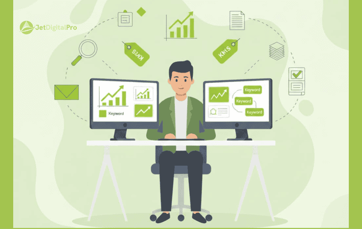 An illustration of a person engaged in SEO work, surrounded by icons of keywords, performance metrics, and analytical tools, representing the strategic planning involved in content creation.