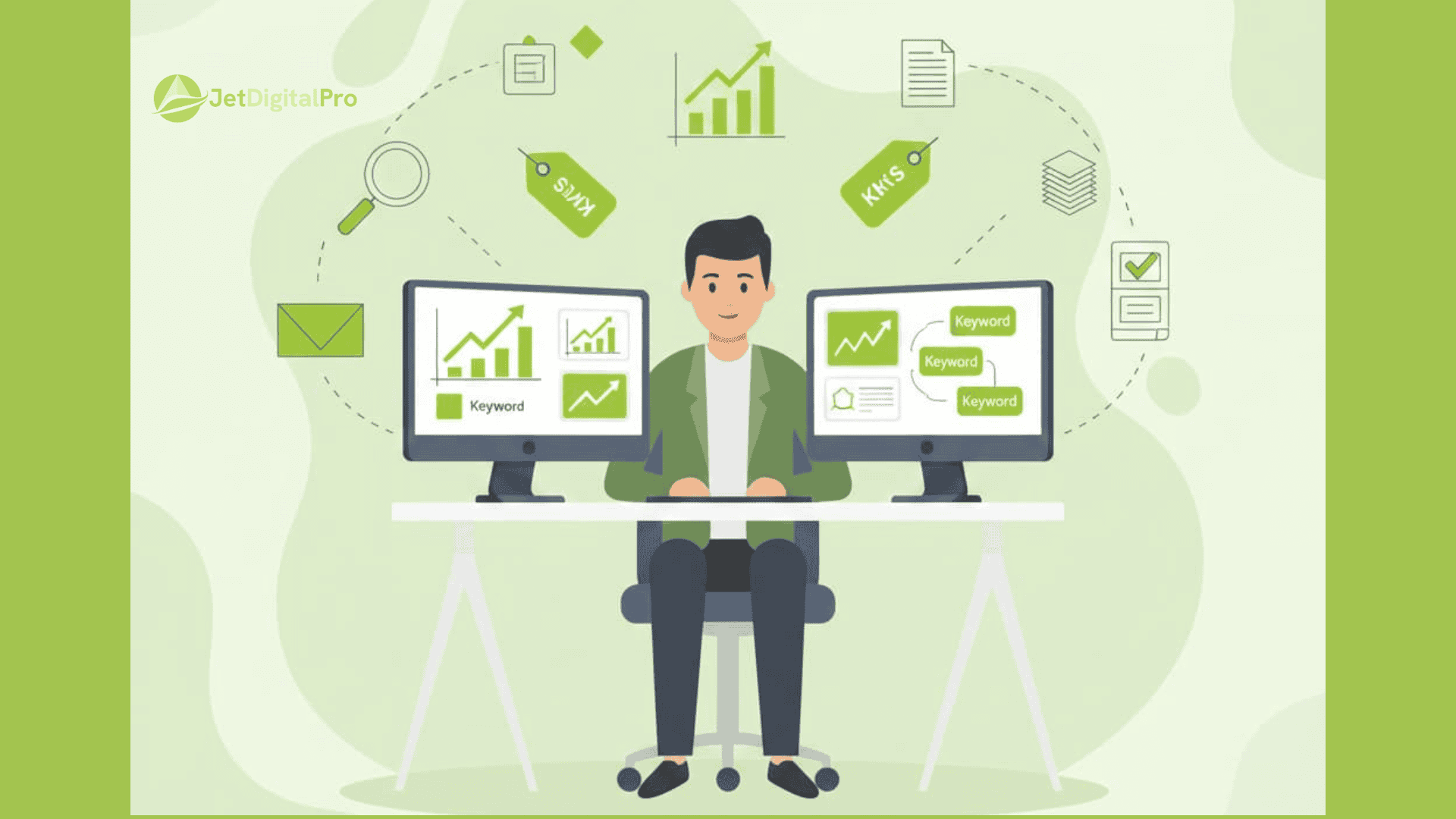 An illustration of a person engaged in SEO work, surrounded by icons of keywords, performance metrics, and analytical tools, representing the strategic planning involved in content creation.