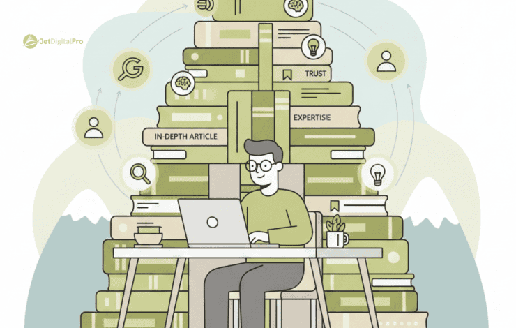 A comprehensive framework illustrating how building authority with SEO content is supported by key pillars of in-depth, trustworthy content.