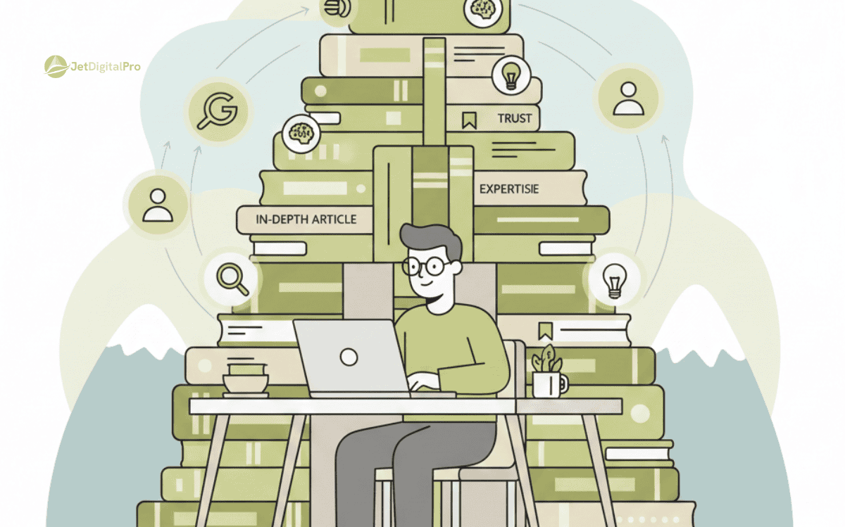 A comprehensive framework illustrating how building authority with SEO content is supported by key pillars of in-depth, trustworthy content.