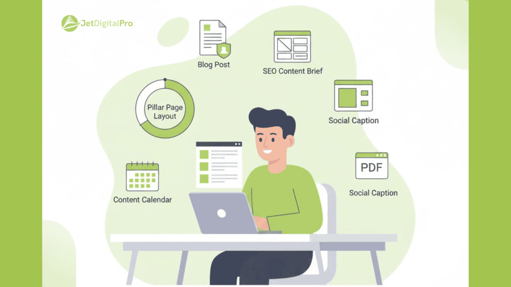 A character engaged in content creation with a backdrop of SEO-related tools and formats, highlighting the structured approach of SEO writing services in enhancing online visibility.