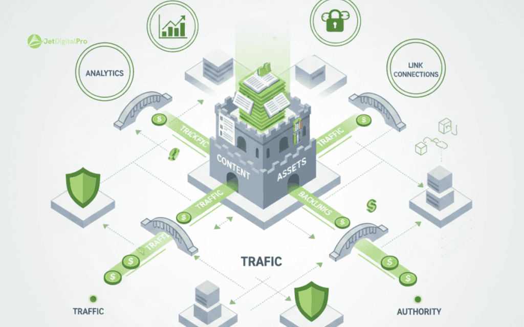 An interconnected digital realm illustrating the kingdom&rsquo;s economy where traffic, links, and authority work together to drive sustainable growth.