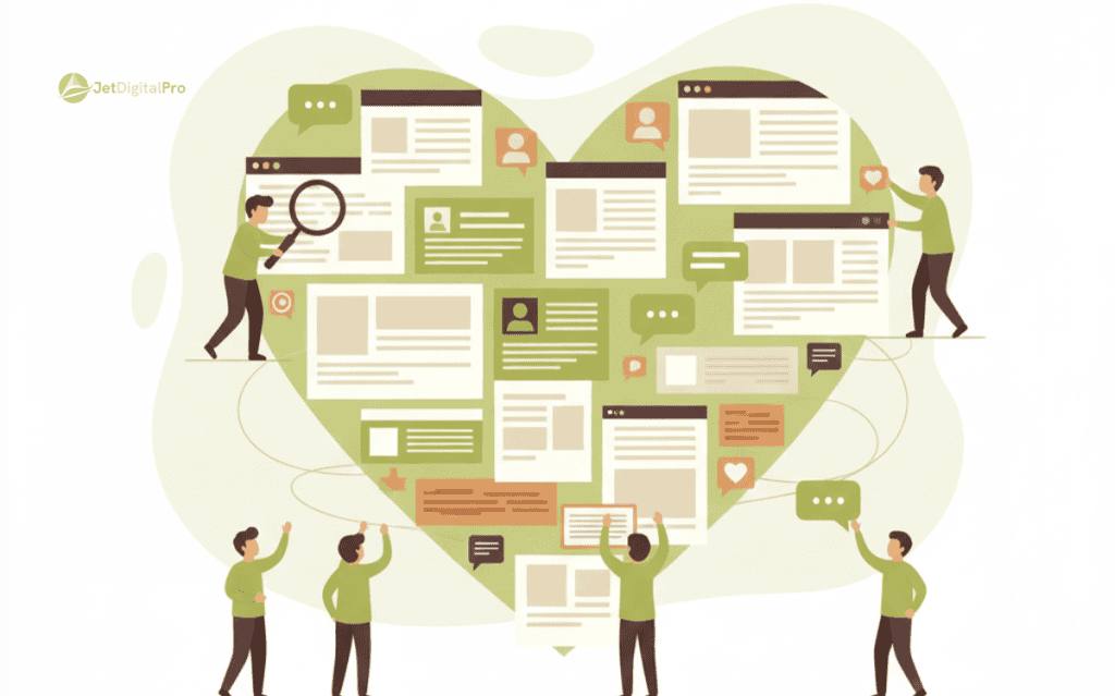 A visual representation showing how content connects through user-centric elements to drive organic traffic growth.