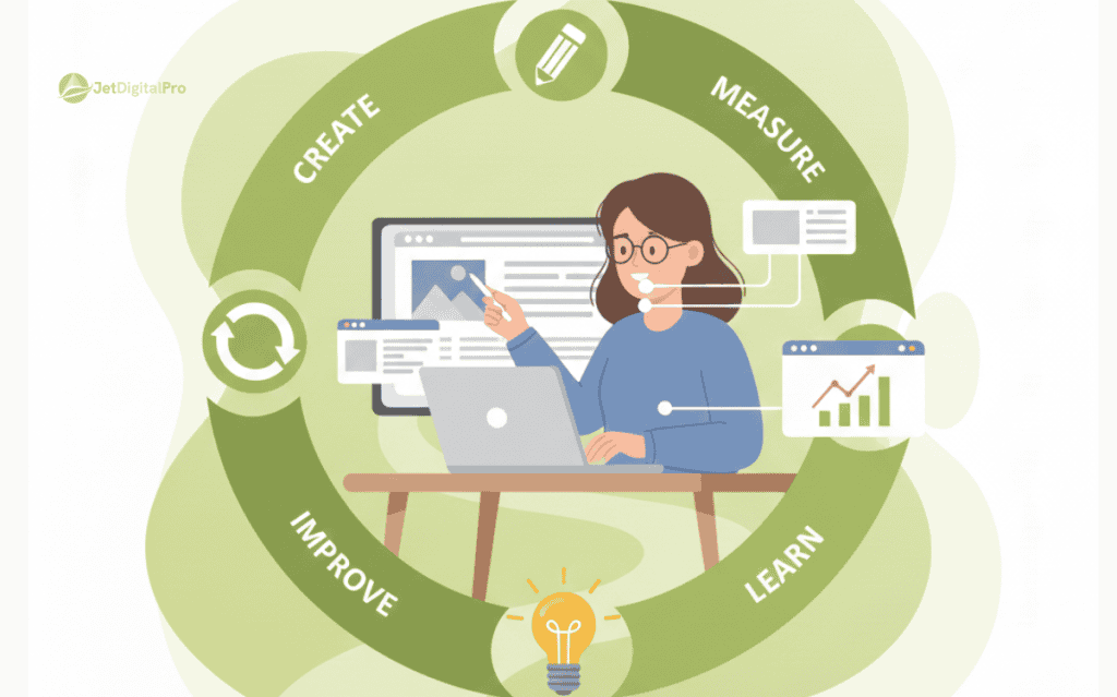 A conceptual image showing the cycle of improvement by measuring and refining content through data-driven insights.