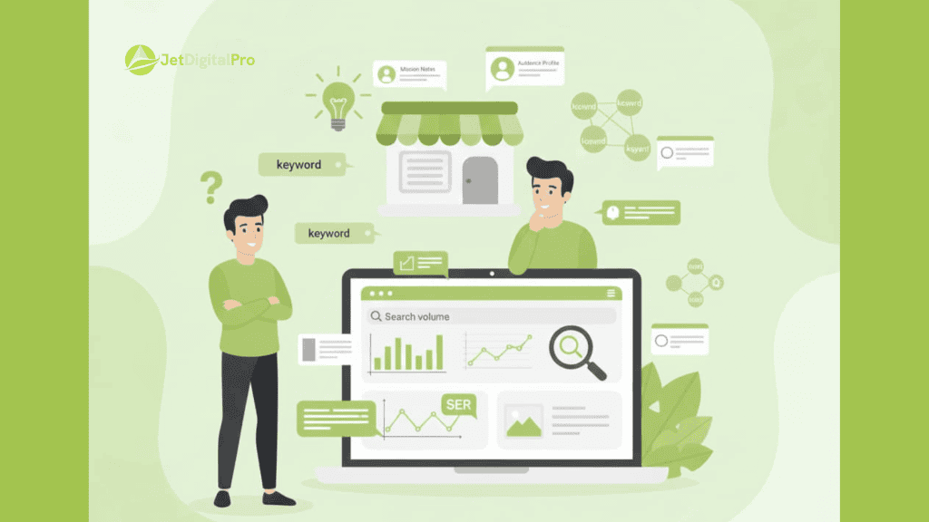Two characters engage in brainstorming over keyword strategies, surrounded by elements like search volume charts and business icons in a green-themed workspace.