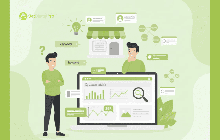 A digital marketing professional analyzes keyword performance on a laptop, surrounded by data charts and search metrics in a vibrant green theme.
