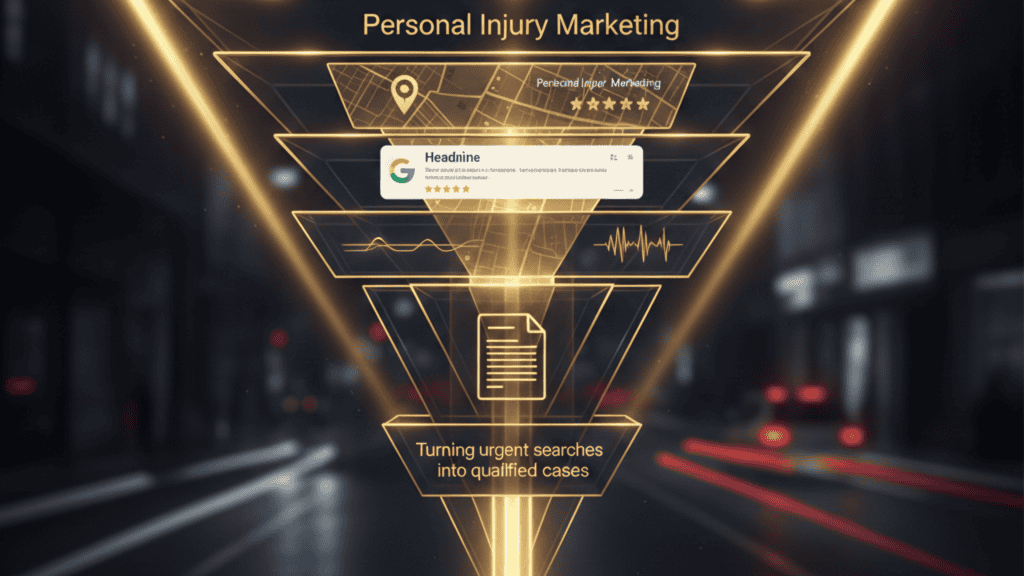 Personal Injury Marketing funnel showing location targeting, reviews, and conversion optimization strategies