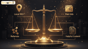 Personal Injury Marketing strategies balanced on scales: Local SEO, Paid Ads, Referrals, and Helpful Content