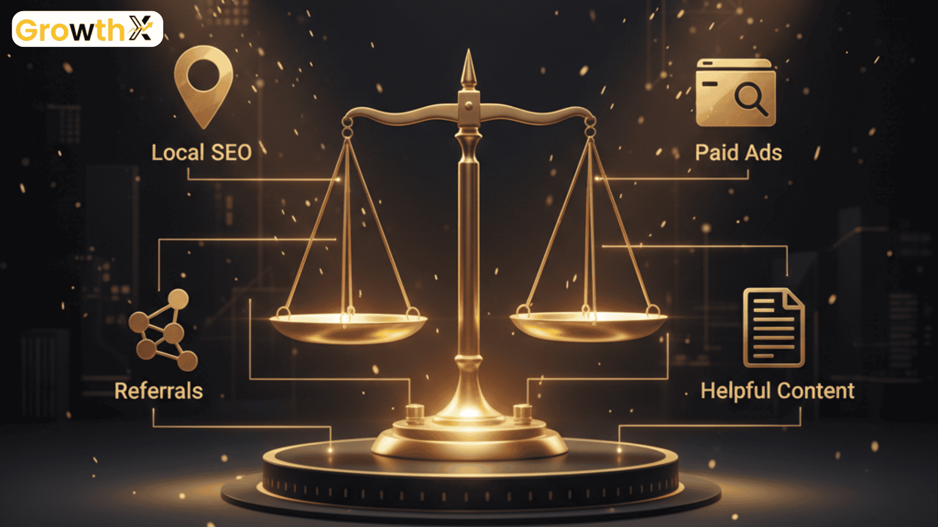 Personal Injury Marketing strategies balanced on scales: Local SEO, Paid Ads, Referrals, and Helpful Content