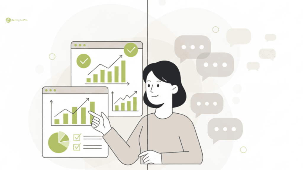 Professional explaining how to select an SEO content agency using analytics dashboards showing growth metrics and performance indicators.