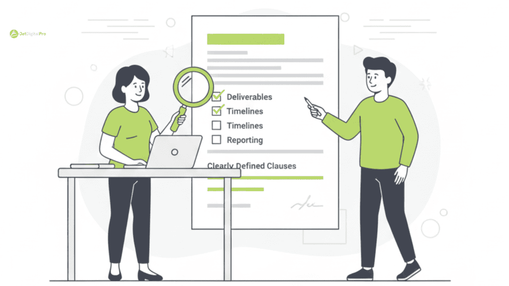 Team reviewing SEO content agency contract with deliverables, timelines, and reporting checklist to select the right partner.