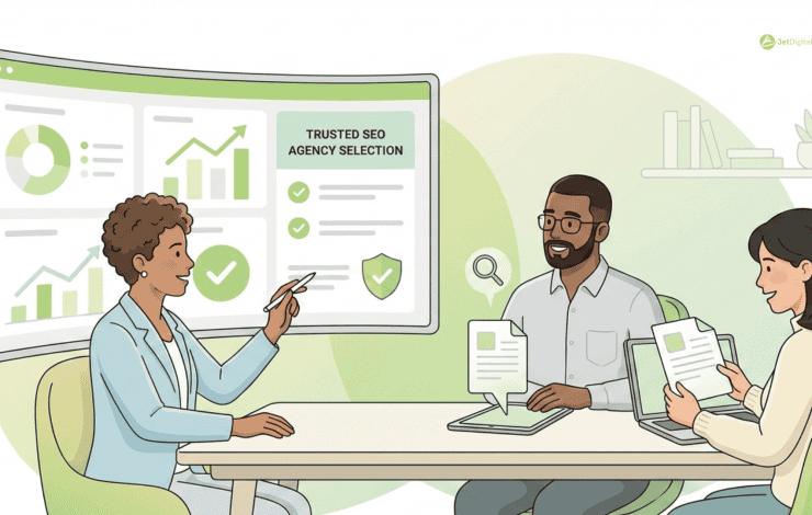 Business professionals reviewing analytics dashboard displaying "Trusted SEO Agency Selection" criteria, discussing how to select an SEO content agency for digital marketing strategy.