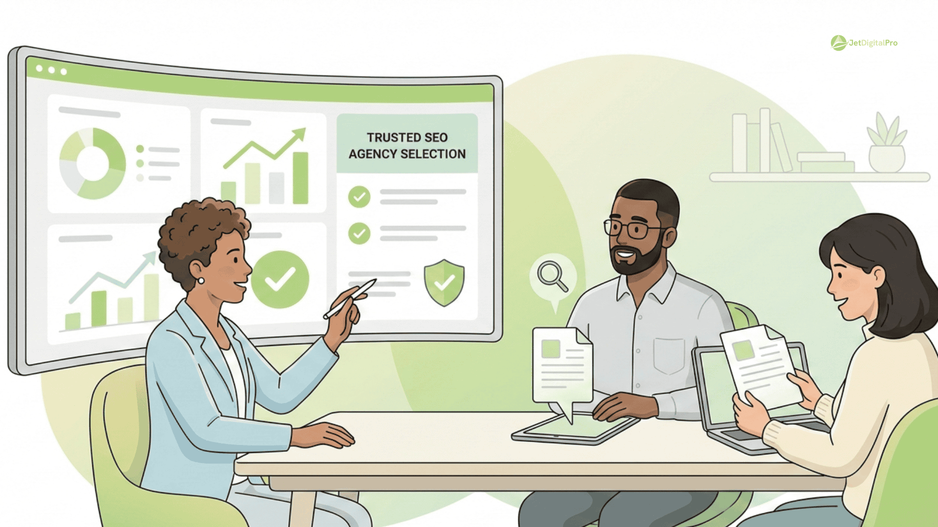 Business professionals reviewing analytics dashboard displaying "Trusted SEO Agency Selection" criteria, discussing how to select an SEO content agency for digital marketing strategy.