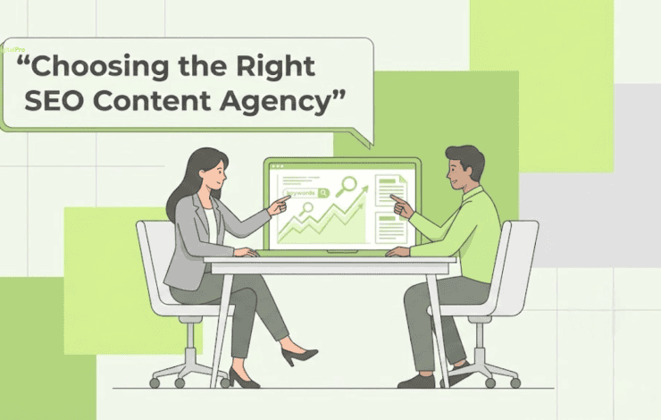 Two people discussing search engine optimization (SEO) strategies on a computer screen, with the title "Choosing the Right SEO Content Agency" above.