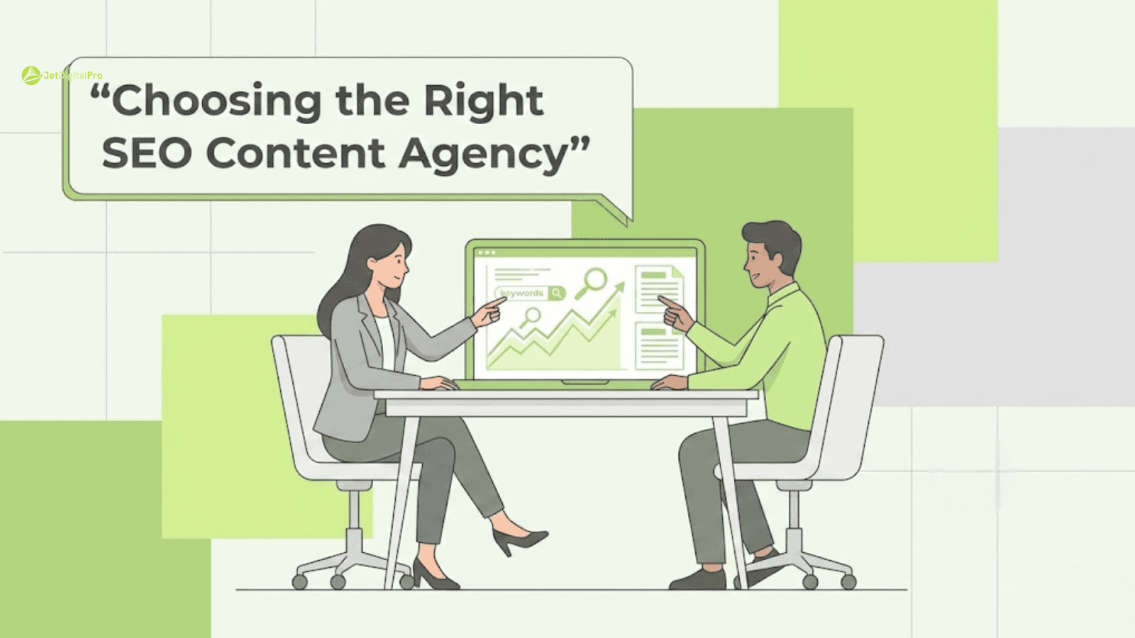 Two people discussing search engine optimization (SEO) strategies on a computer screen, with the title "Choosing the Right SEO Content Agency" above.