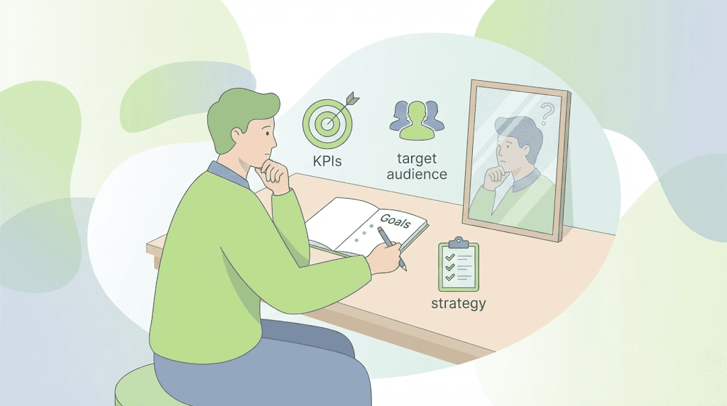 A person sitting at a desk, considering key factors like KPIs, target audience, and strategy when choosing an SEO content agency.