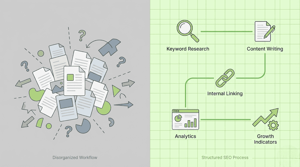 Contrasting disorganized SEO workflows with a structured SEO process involving keyword research, content writing, internal linking, and analytics to guide an effective content strategy