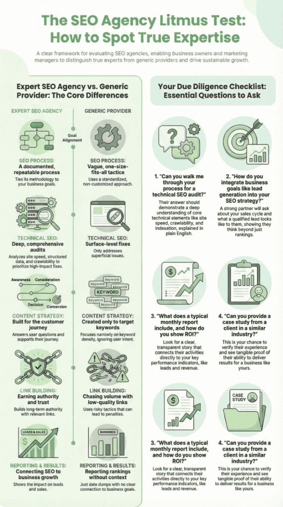 Evaluating SEO agency expertise: Infographic contrasting an expert SEO agency and a generic provider.
