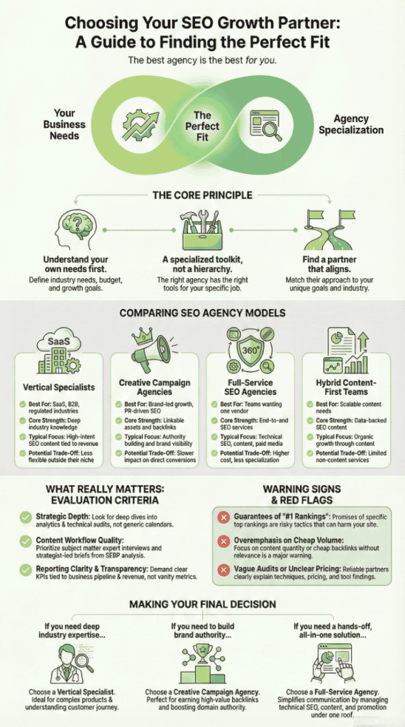 Detailed framework to assess and select the optimal SEO content agency based on business goals, expertise, and service offerings.