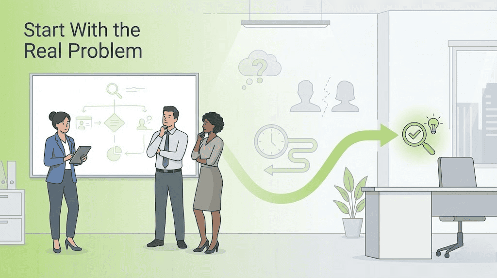 Three professionals discussing solution-focused strategies to tackle the real problem at hand in a modern office setting.