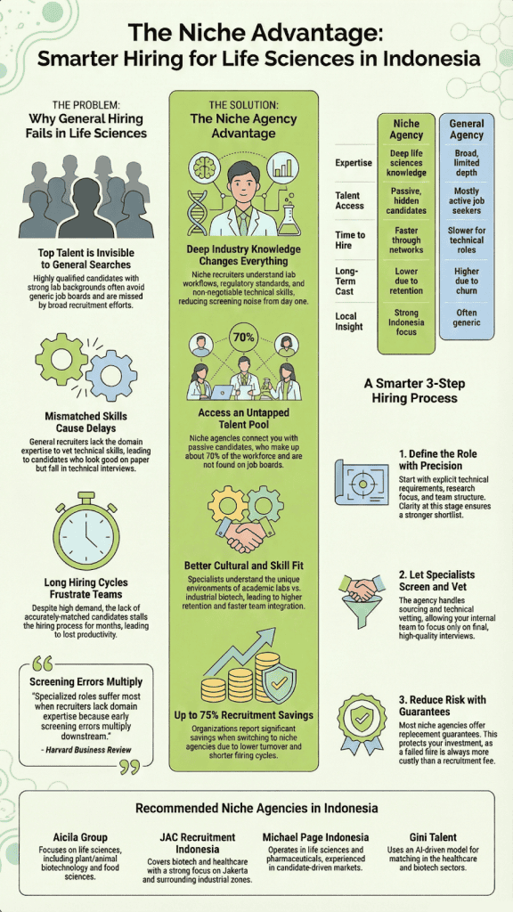 Niche hiring agencies offer specialized expertise in life sciences recruitment, providing tailored solutions for Indonesia's talent landscape.