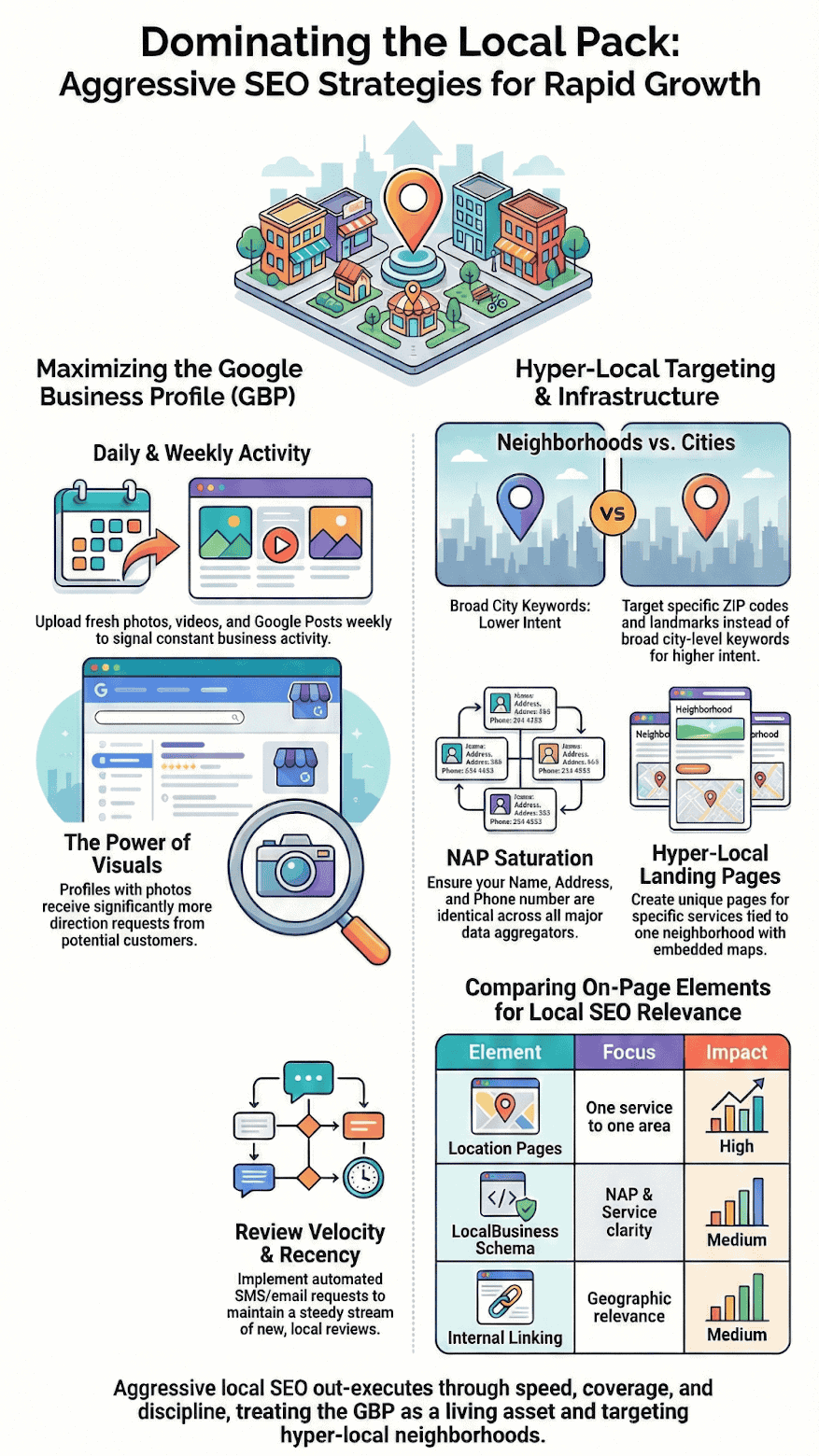 Infographic outlining aggresive local SEO strategies, covering Google Business Profile optimization, hyper-local targeting, reviews, and NAP consistency.