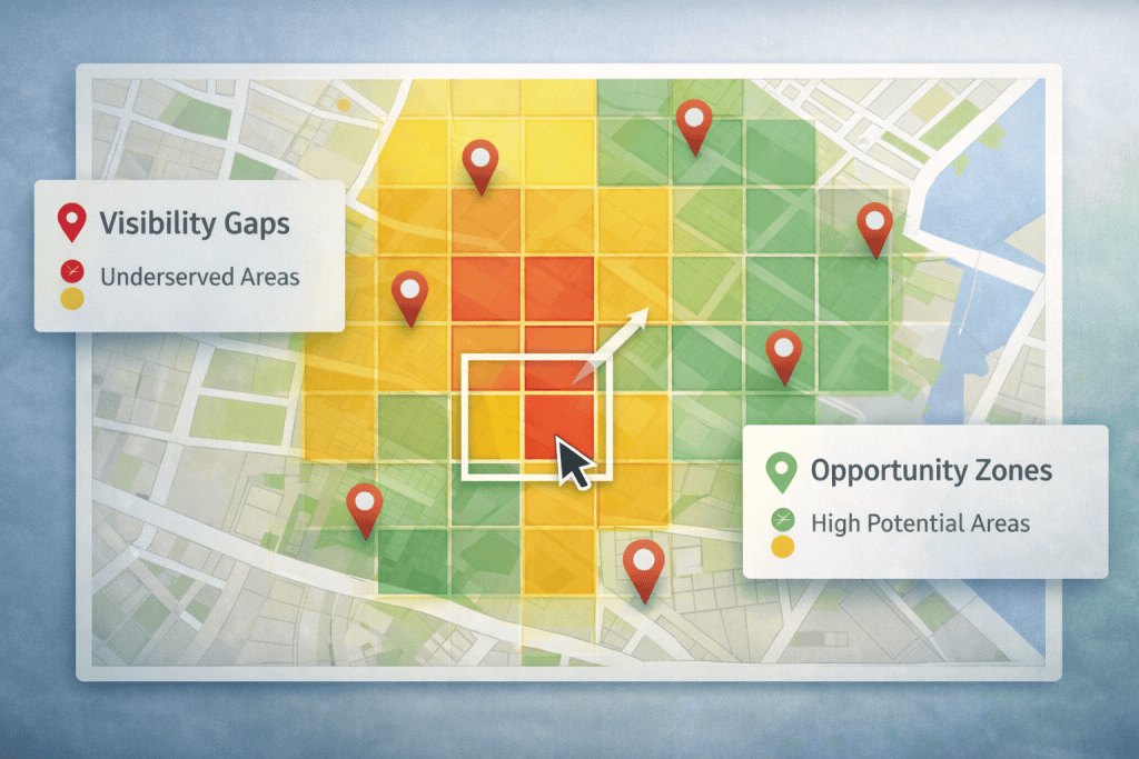 Geo-grid heatmap highlighting weak and strong areas on a city map, supporting aggresive local SEO strategies through gap analysis.