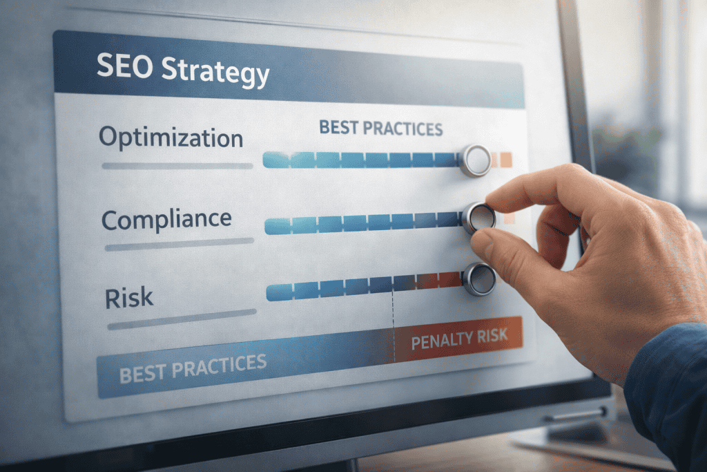 SEO dashboard with optimization and risk sliders near the limit, visualizing aggresive local SEO strategies done safely and ethically.