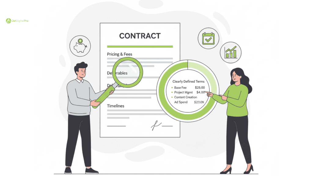 Two people reviewing agency contract with magnifying glass, examining pricing, deliverables, timelines, and clearly defined terms for potential partnership.