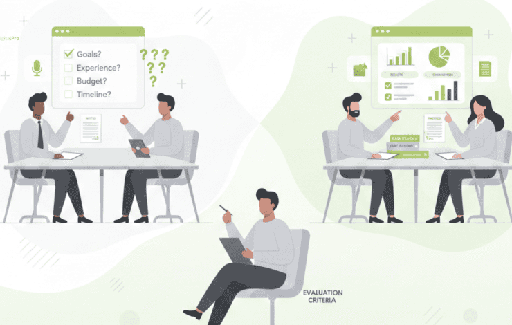 Business meetings showing questions to ask potential agency: goals, experience, budget, timeline, with evaluation criteria and performance metrics displayed.