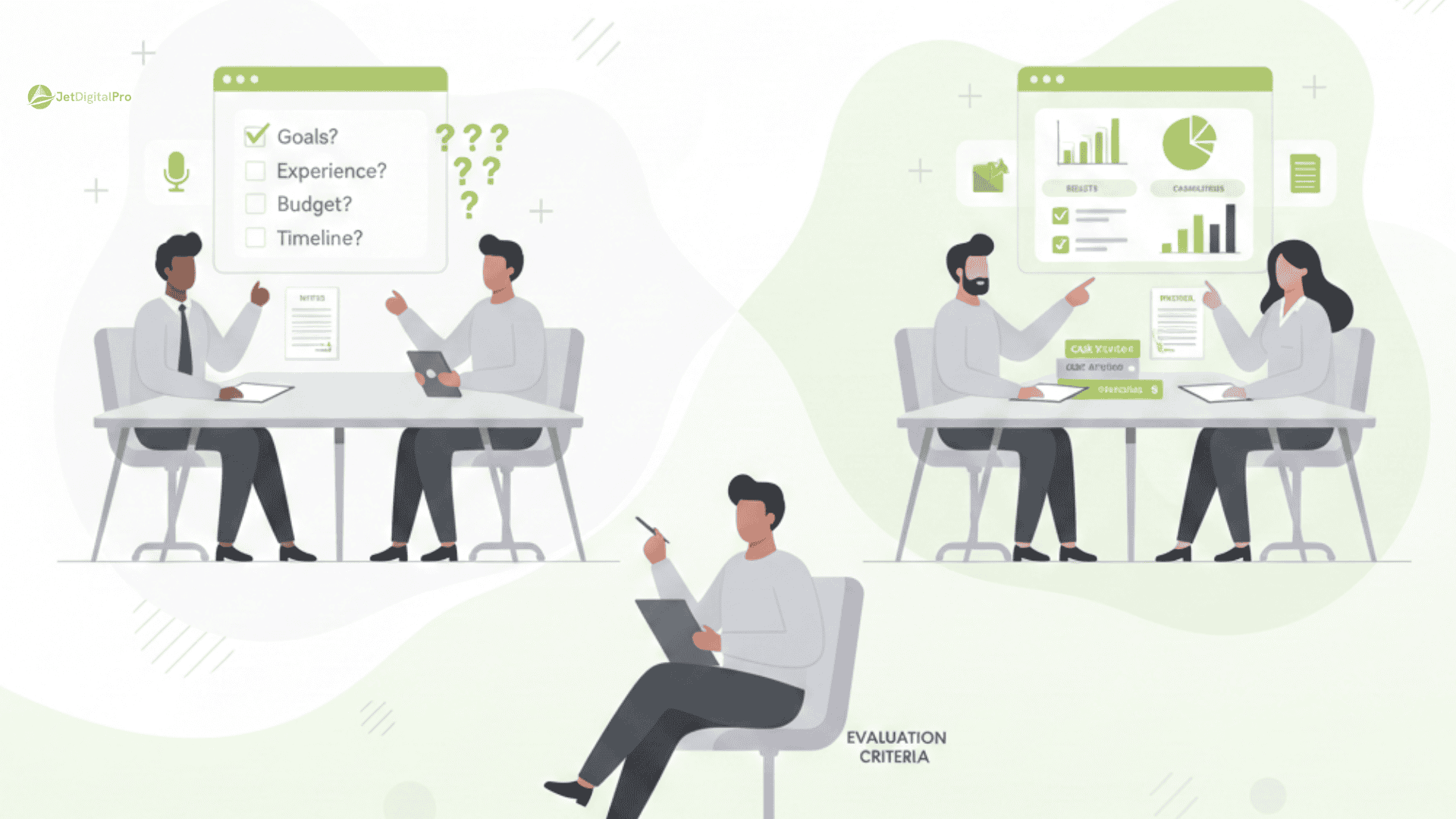 Business meetings showing questions to ask potential agency: goals, experience, budget, timeline, with evaluation criteria and performance metrics displayed.