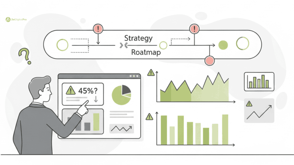 The image depicts a professional analyzing data and charts, suggesting a thorough evaluation process when selecting a content agency, with potential areas of concern highlighted.