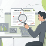 The image shows a person in a suit examining a contract and proposal documents on their computer, indicating the process of choosing a content agency, with red flags highlighted in the documents.