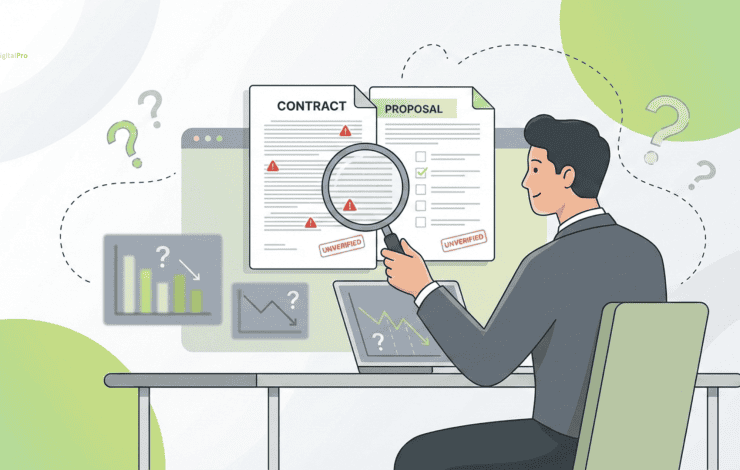 The image shows a person in a suit examining a contract and proposal documents on their computer, indicating the process of choosing a content agency, with red flags highlighted in the documents.