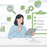 The image highlights the key factors to consider when evaluating an SEO agency, including case studies, transparency, and client testimonials.