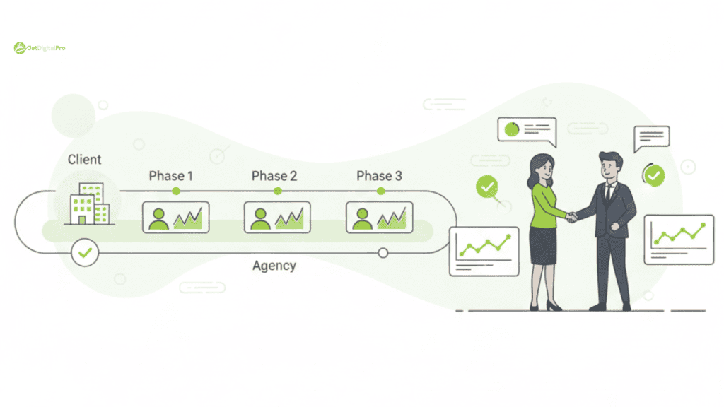 The image highlights the importance of evaluating an SEO agency's performance, communication, and results throughout a multi-phase engagement with a client.