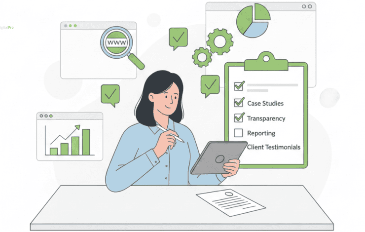 The image highlights the key factors to consider when evaluating an SEO agency, including case studies, transparency, and client testimonials.