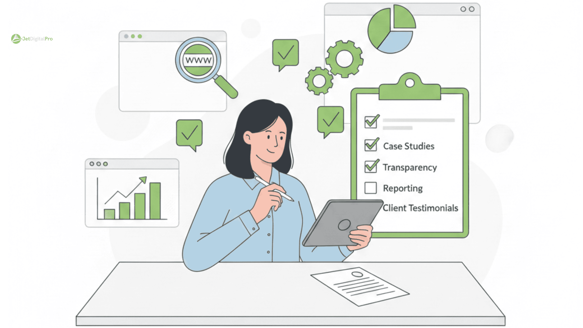 The image highlights the key factors to consider when evaluating an SEO agency, including case studies, transparency, and client testimonials.