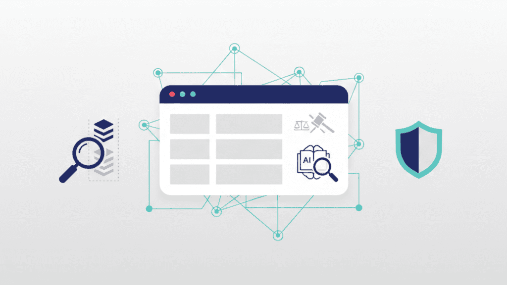 AEO for Law Firms concept with browser interface, legal symbols, and networked data security