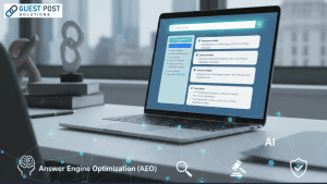 AEO for Law Firms interface with legal search results on laptop screen and AI technology