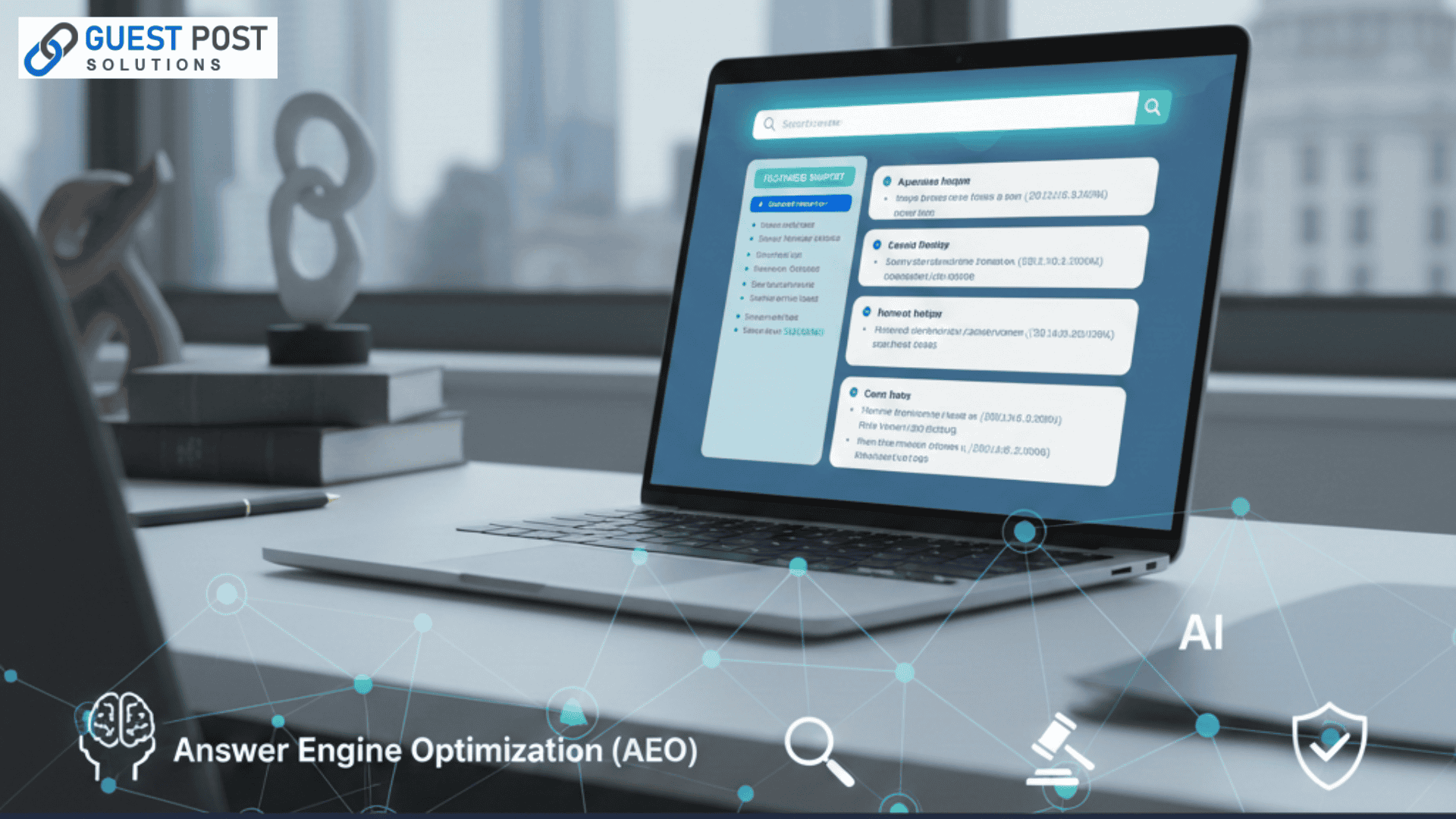 AEO for Law Firms interface with legal search results on laptop screen and AI technology