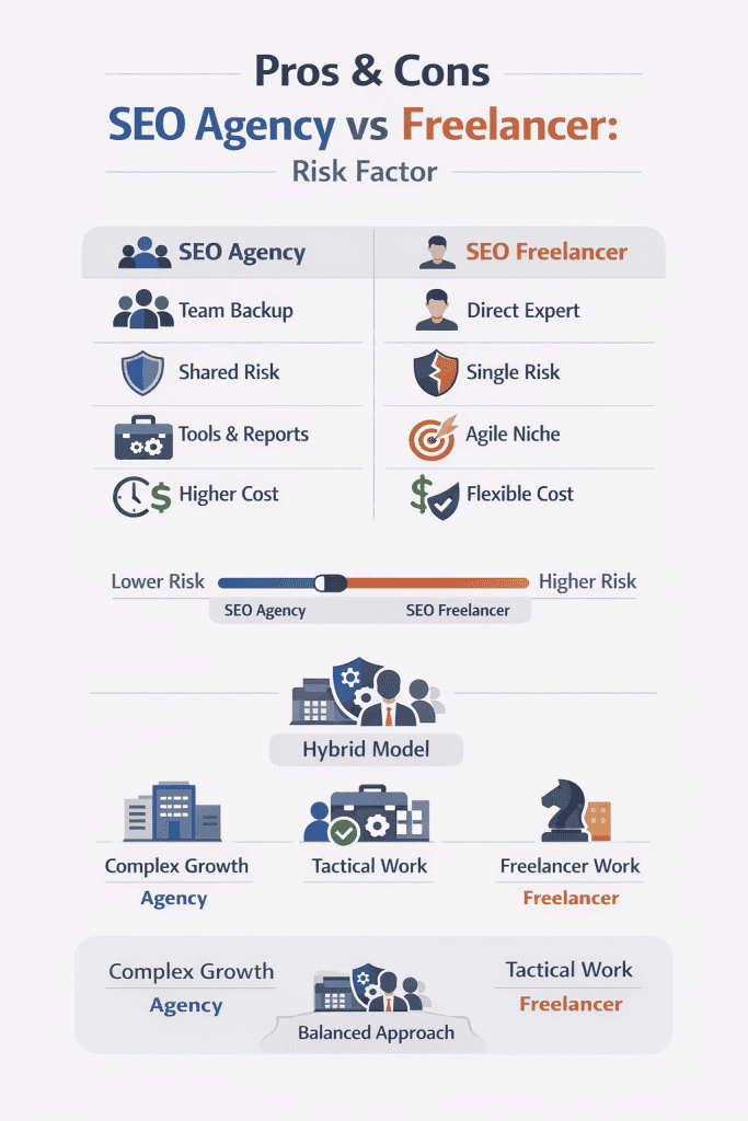 Gemini berkata
Here are four simple alt-text options for your comparison images, specifically optimized with your requested keywords:
Option 1: Direct & Informative
A 2D vector illustration comparing the pros and cons of an SEO agency vs. freelancer. The split design shows a coordinated team representing agency stability and a solo professional highlighting freelancer flexibility.
Option 2: Strategy-Focused
Business graphic showing the pros and cons of an SEO agency vs. freelancer. The left side features a structured agency system with multiple experts, while the right side displays a solo freelancer managing specialized tasks at a single desk.
Option 3: Modern & Scalable
A flat vector image depicting the pros and cons of an SEO agency vs. freelancer via a bridge metaphor. It highlights the "Hybrid Model" in the center as a solution for businesses looking for both agency-level scalability and freelancer agility.
Option 4: Concise (Best for Social)
Comparison of pros and cons: SEO agency vs. freelancer. Modern vector art illustrates the difference between team-based SEO structure and individual operation for business growth.