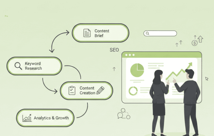 A clean 2D flat vector illustration showing the SEO Agency Content Creation Process as a structured workflow, featuring stages from keyword research to analytics and growth with a professional marketing team.