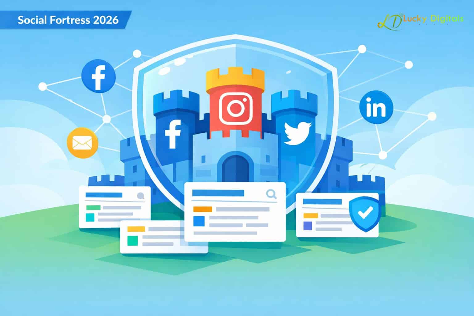 Futuristic social fortress made of connected social media icons protecting search results, illustrating SEO brand control and visibility in 2026.