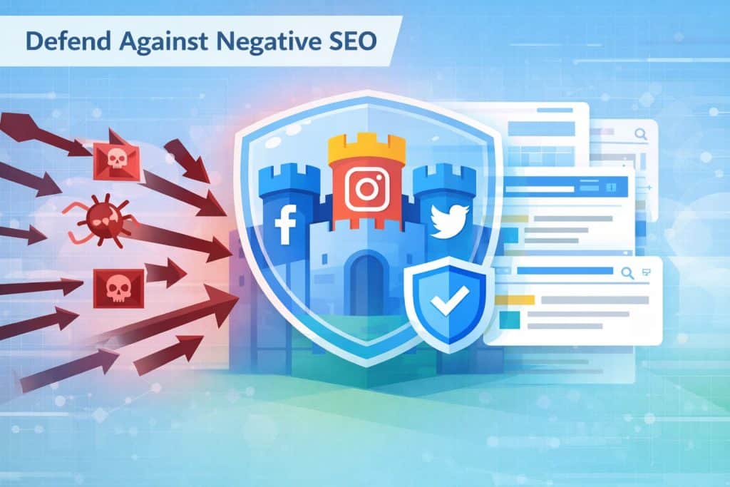 Shielded social fortress blocking harmful arrows and malware icons, representing defense against negative SEO and protection of branded search results.