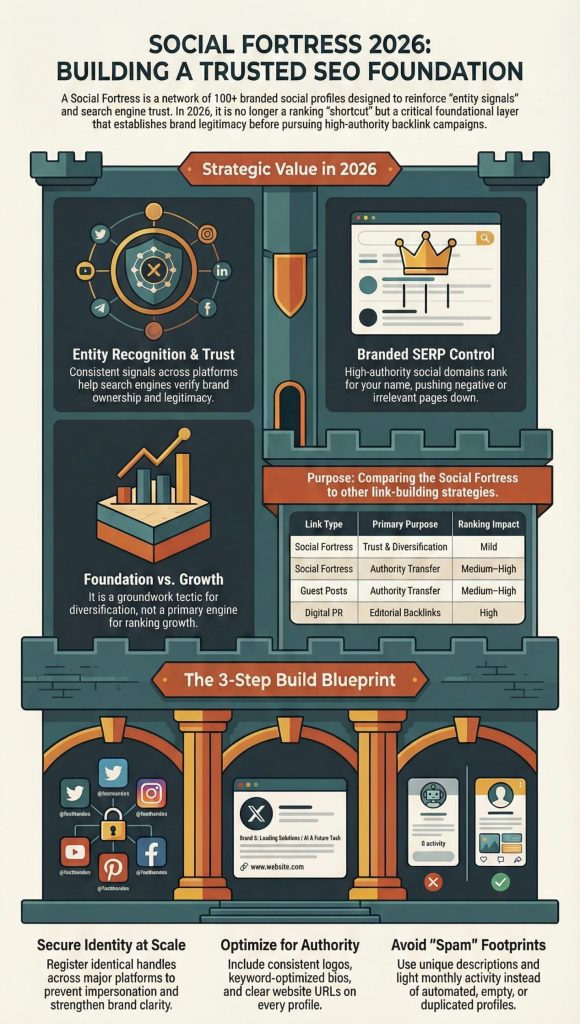 Infographic of social fortress strategy in 2026 showing entity trust, branded SERP control, link comparison, and three-step SEO setup.