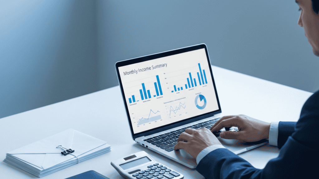 Business person reviewing monthly income summary, exploring the psychology of your financial numbers on laptop