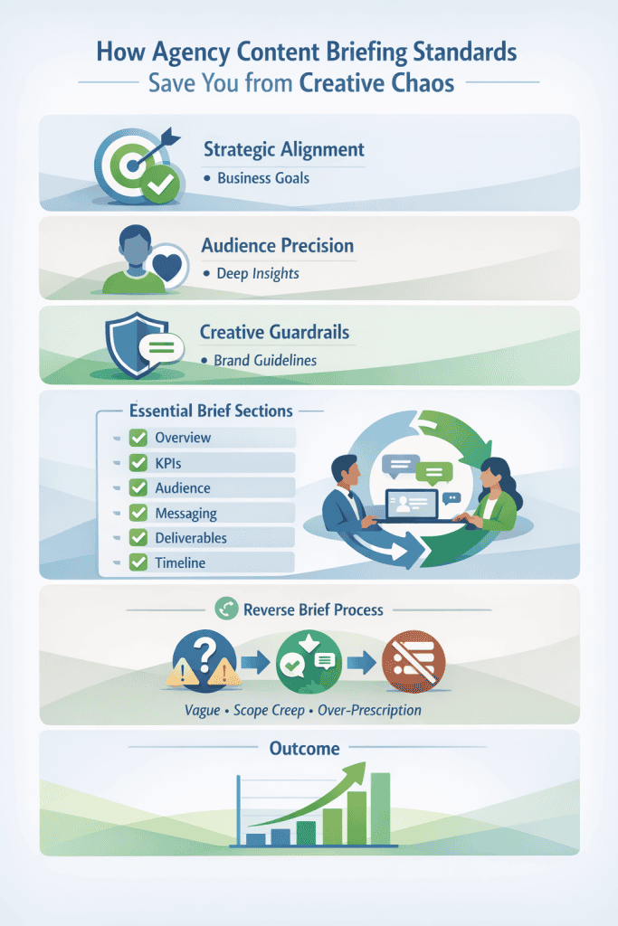 Professional flat illustration of a marketing team reviewing a digital dashboard that follows agency content briefing standards to ensure clear communication and structured deliverables